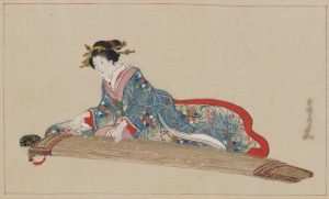 19th C Koto woodcut woman playing Koto