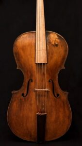 frontal view of a baroque cello with Venetian model body